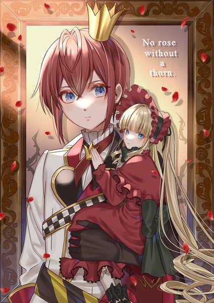 Anime picture 2480x3507 with rozen maiden twisted wonderland shinku riddle rosehearts azaka (rionrita) tall image fringe highres short hair blue eyes blonde hair hair between eyes holding red hair blunt bangs very long hair text english crossover girl