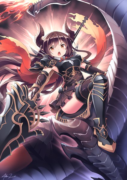 Anime picture 960x1357 with shingeki no bahamut granblue fantasy forte (shingeki no bahamut) mystic-san single long hair tall image looking at viewer fringe hair between eyes brown hair holding brown eyes signed bent knee (knees) horn (horns) :o fantasy serious >:o