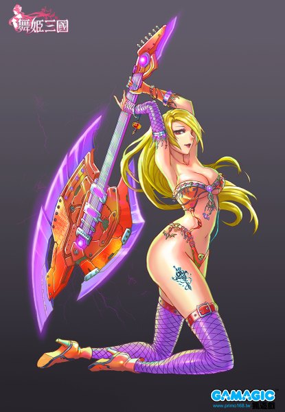 Anime picture 831x1200 with original haoni single long hair tall image breasts light erotic simple background blonde hair red eyes large breasts armpit (armpits) tattoo dark background girl thighhighs navel weapon shoes huge weapon