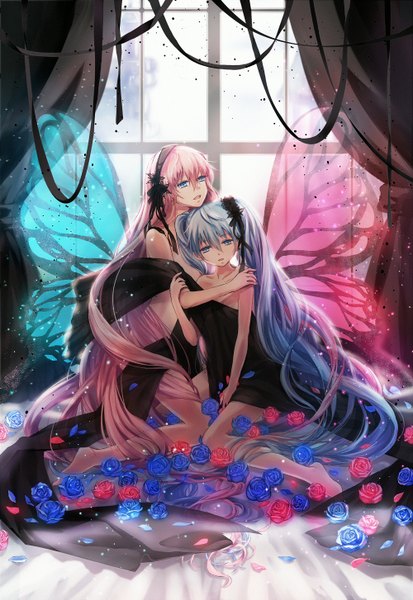 Anime picture 1000x1453 with vocaloid magnet (vocaloid) hatsune miku megurine luka hahahamu tall image open mouth blue eyes twintails multiple girls pink hair very long hair aqua hair insect wings butterfly wings girl dress flower (flowers) 2 girls petals