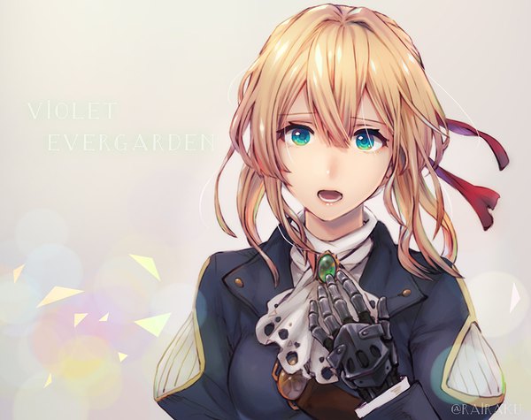 Anime picture 1000x792 with violet evergarden kyoto animation violet evergarden (character) rairaku single looking at viewer fringe short hair blonde hair simple background hair between eyes signed upper body aqua eyes wind grey background character names twitter username mechanical arms girl