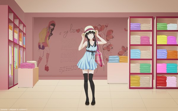 Anime picture 2560x1600 with sankarea studio deen sanka rea single long hair highres black hair wide image eyes closed girl thighhighs black thighhighs hat bag sundress