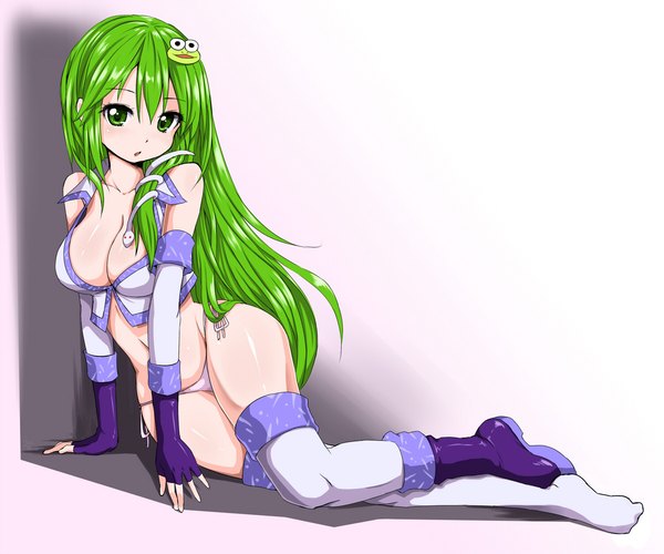 Anime picture 1500x1252 with touhou kochiya sanae zaxwu single long hair blush breasts light erotic green eyes cleavage green hair girl thighhighs gloves hair ornament underwear panties white thighhighs elbow gloves snake