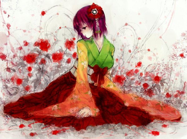 Anime picture 1000x744 with touhou hieda no akyuu minase (mmakina) single short hair sitting red hair japanese clothes profile hair flower girl hair ornament flower (flowers) kimono anemone (flower)