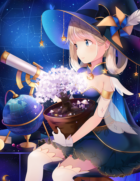 Anime picture 1020x1320 with original hitsukuya single long hair tall image blue eyes blonde hair smile sitting holding looking away bent knee (knees) zettai ryouiki glow witch starry sky print constellation girl dress plant (plants)