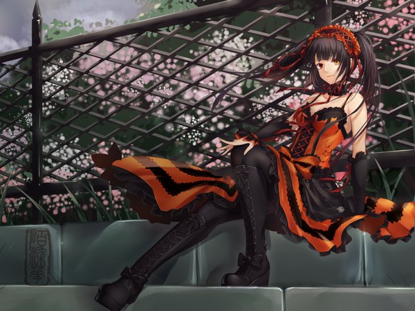 Anime picture 4000x3000 with date a live tokisaki kurumi morh single long hair looking at viewer fringe highres black hair red eyes sitting twintails yellow eyes absurdres full body bent knee (knees) hair over one eye arm support heterochromia cherry blossoms