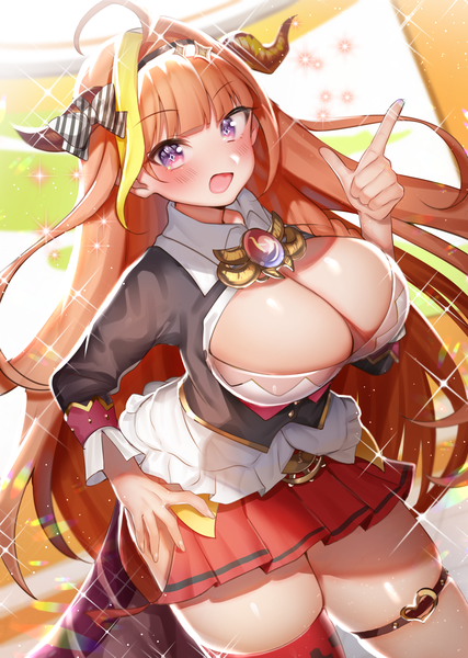 Anime picture 2549x3583 with virtual youtuber hololive kiryuu coco tsukimi mumi single long hair tall image looking at viewer blush highres breasts open mouth light erotic purple eyes cleavage ahoge :d pleated skirt horn (horns) orange hair
