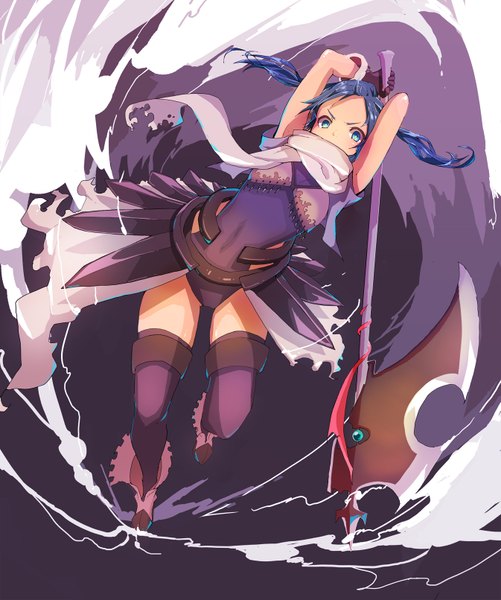 Anime picture 1346x1612 with nanakawa (nanasoon) single long hair tall image blue eyes twintails blue hair covered navel smoke girl thighhighs gloves weapon scarf scythe