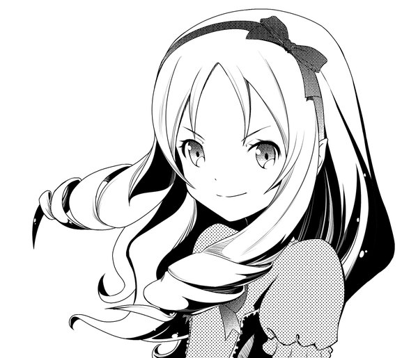 Anime picture 1048x900 with eromanga sensei a-1 pictures yamada elf indy k single long hair looking at viewer fringe simple background white background payot upper body light smile pointy ears puffy sleeves floating hair drill hair monochrome girl dress