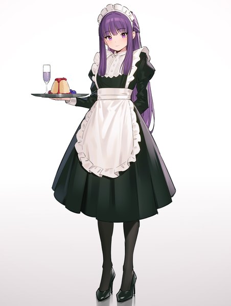 Anime picture 1382x1836 with sousou no frieren fern (sousou no frieren) 95--- single long hair tall image looking at viewer blush fringe simple background smile standing white background purple eyes holding purple hair full body blunt bangs long sleeves maid