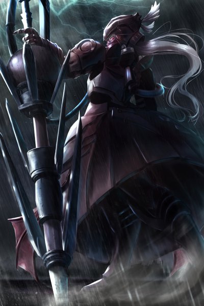Anime-Bild 600x900 mit overlord (maruyama) madhouse shalltear bloodfallen tagame (tagamecat) single long hair tall image looking at viewer red eyes standing silver hair night from below night sky rain lightning girl weapon armor helmet