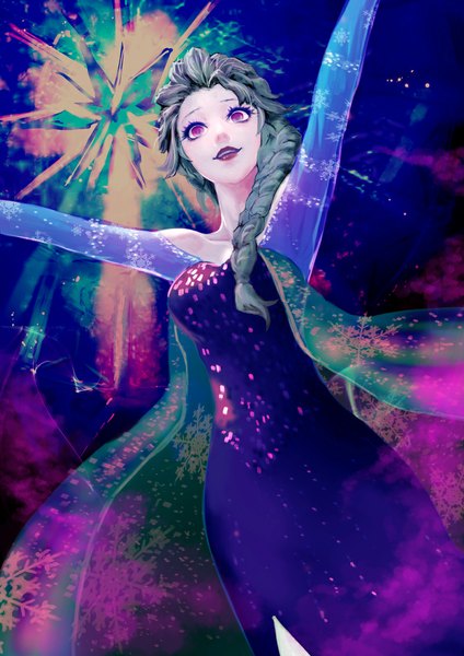 Anime picture 800x1132 with frozen (disney) disney elsa (frozen) meto31 single tall image open mouth standing bare shoulders looking away braid (braids) pink eyes light smile grey hair dark background looking up spread arms purple background dress cape