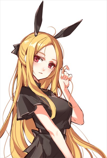 Anime picture 1200x1770 with original melon z single long hair tall image looking at viewer blush simple background blonde hair red eyes white background animal ears upper body bunny ears playing with hair hair twirling girl dress black dress