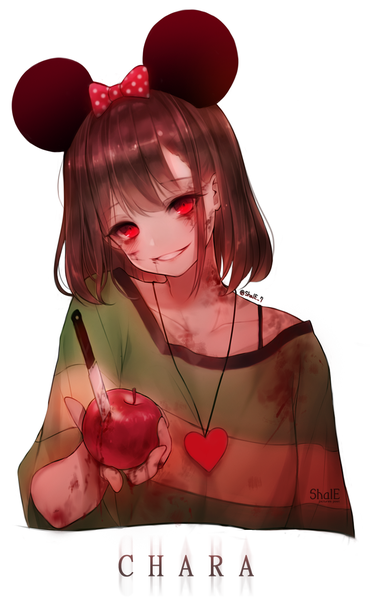 Anime picture 835x1352 with undertale chara (undertale) shale single tall image looking at viewer short hair simple background smile red eyes brown hair white background signed animal ears upper body head tilt character names fake animal ears outstretched hand cosplay