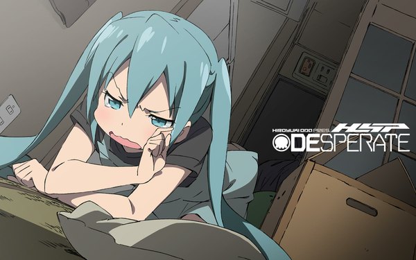 イラスト 1920x1200 と ボーカロイド 初音ミク かんざき ソロ 長髪 赤面 highres 開いた口 青い目 ツインテール 青い髪 looking away short sleeves embarrassed kneeling 女の子 まくら 部屋 箱 cardboard box