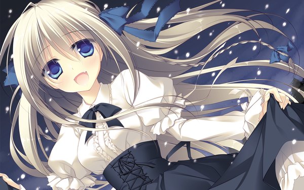Anime picture 1920x1200 with motomiya mitsuki single long hair blush highres open mouth blue eyes blonde hair wide image snowing winter girl dress bow hair bow