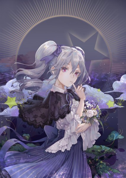 Anime picture 800x1128 with idolmaster idolmaster cinderella girls idolmaster cinderella girls starlight stage kanzaki ranko sindomizuki single tall image looking at viewer fringe short hair hair between eyes standing twintails holding signed payot pink eyes wind grey hair grey background