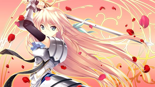 Anime picture 1280x720 with love 2 quad (game) ermalit de blanchefort naruse hirofumi long hair blue eyes blonde hair wide image game cg girl weapon petals sword