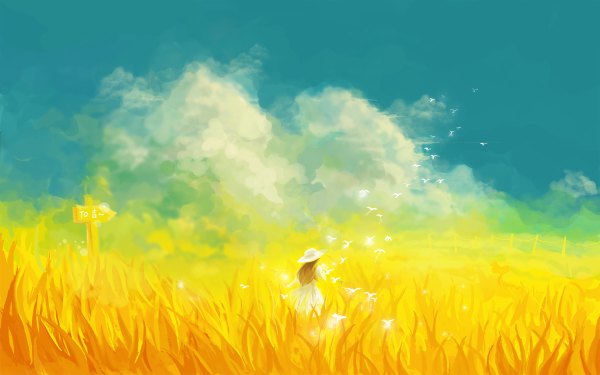 Anime picture 1200x750 with original tagme (artist) single long hair blonde hair standing sky cloud (clouds) from behind back scenic field girl dress hat animal white dress bird (birds)