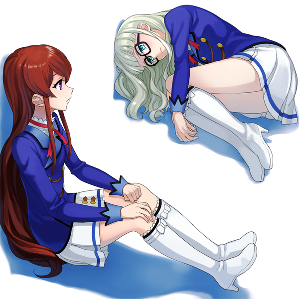 Anime picture 800x800 with aikatsu! toudou yurika shibuki ran yoban long hair blush fringe simple background brown hair white background sitting purple eyes multiple girls looking away lying blunt bangs profile pleated skirt aqua eyes green hair