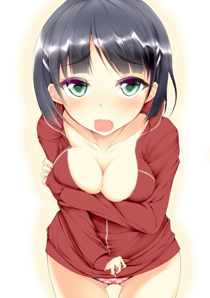Anime picture 723x1022 with sword art online a-1 pictures kirigaya suguha jougen single tall image looking at viewer blush short hair breasts open mouth light erotic black hair large breasts white background green eyes cleavage pantyshot girl underwear