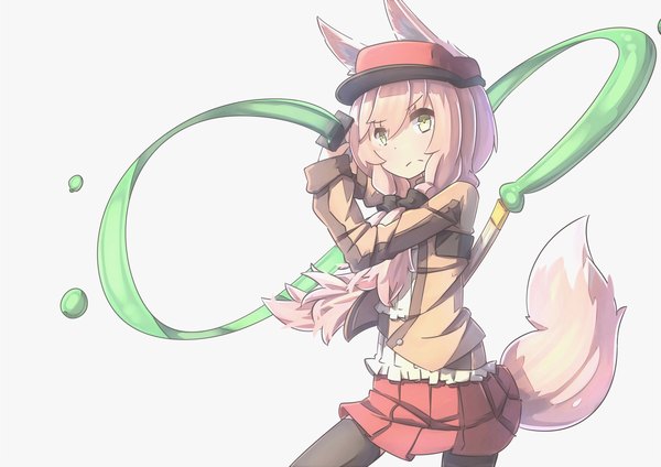 Anime picture 3508x2480 with original hinbackc single long hair fringe highres simple background hair between eyes standing white background holding green eyes animal ears looking away pink hair absurdres tail braid (braids) animal tail pleated skirt