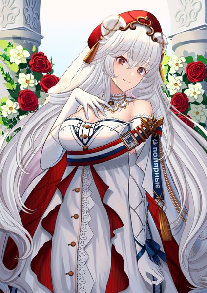 Anime picture 2894x4093 with arknights rosa (arknights) rosa (masterpiece) (arknights) tallon single long hair tall image looking at viewer blush fringe highres breasts blue eyes smile hair between eyes red eyes large breasts standing bare shoulders animal ears