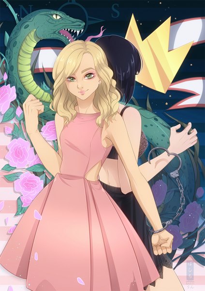 Anime picture 900x1273 with betty cooper basti rin tall image looking at viewer short hair open mouth light erotic black hair blonde hair multiple girls green eyes light smile lips fang (fangs) sleeveless wavy hair eyeshadow back to back curly hair girl