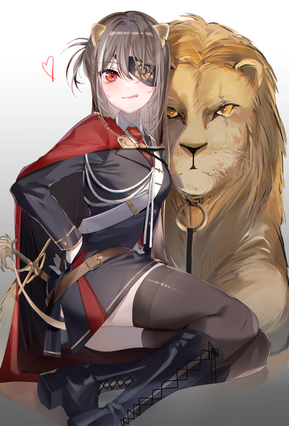 Anime picture 1096x1616 with original miwano rag single long hair tall image looking at viewer blush fringe light erotic simple background hair between eyes red eyes brown hair sitting animal ears bent knee (knees) hand on hip lacing :q lion ears