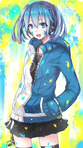 Anime picture 700x1250 with kagerou project shaft (studio) ene (kagerou project) echj single long hair tall image looking at viewer fringe open mouth blue eyes twintails blue hair pleated skirt zettai ryouiki hand in pocket girl skirt jacket hood