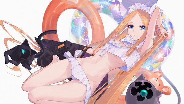 Anime picture 1280x720 with fate (series) fate/grand order abigail williams (fate) abigail williams (swimsuit foreigner) (fate) whitem (whiteemperor2020) single long hair looking at viewer blush fringe blue eyes light erotic simple background blonde hair wide image white background payot barefoot arm up dutch angle