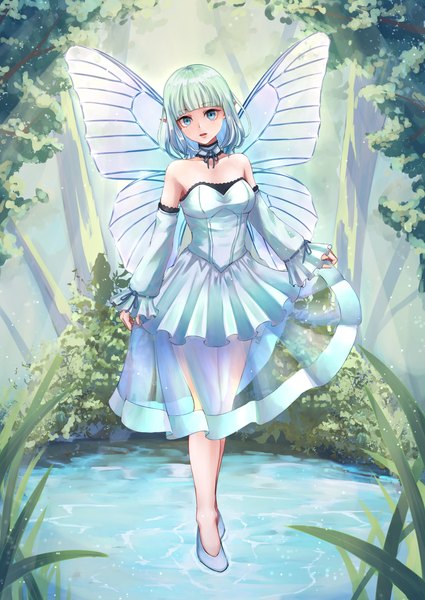 Anime picture 1756x2479 with virtual youtuber aira (qwedcxza49) single tall image looking at viewer fringe highres short hair open mouth blue eyes standing bare shoulders full body outdoors blunt bangs head tilt pointy ears aqua hair elf insect wings
