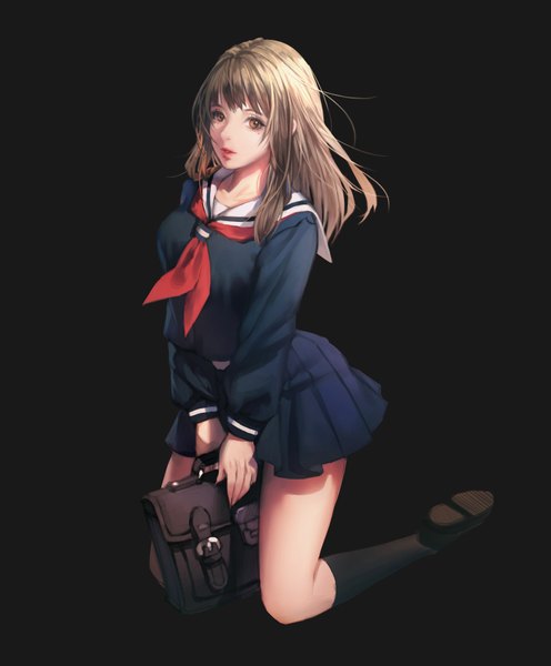 Anime picture 1604x1940 with original majo single long hair tall image looking at viewer fringe breasts simple background brown hair brown eyes full body long sleeves parted lips pleated skirt kneeling between legs brown background girl skirt