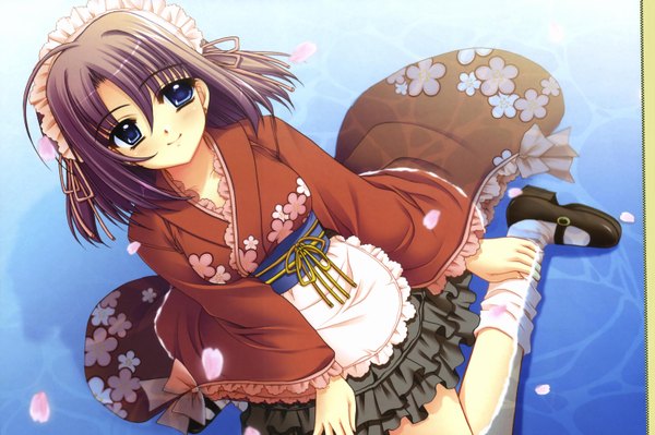 Anime picture 6003x4000 with nishimata aoi single looking at viewer highres breasts blue eyes smile brown hair traditional clothes from above wet looking up wa maid girl petals water socks shoes headdress maid headdress