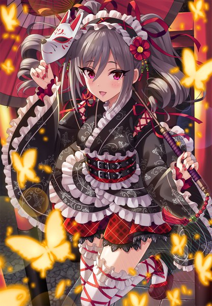 Anime picture 1040x1500 with idolmaster idolmaster cinderella girls kanzaki ranko urabi (tomatohouse) single long hair tall image looking at viewer blush fringe open mouth hair between eyes standing twintails holding long sleeves nail polish traditional clothes :d japanese clothes