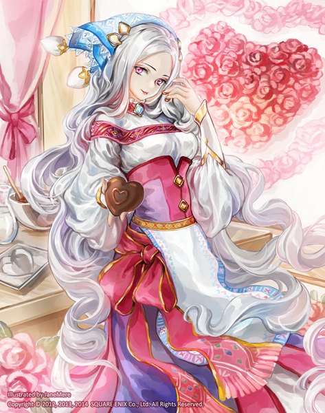Anime picture 788x1000 with guardian cross jane mere single tall image looking at viewer breasts smile holding silver hair very long hair pink eyes wavy hair valentine girl dress flower (flowers) bow ribbon (ribbons) food heart