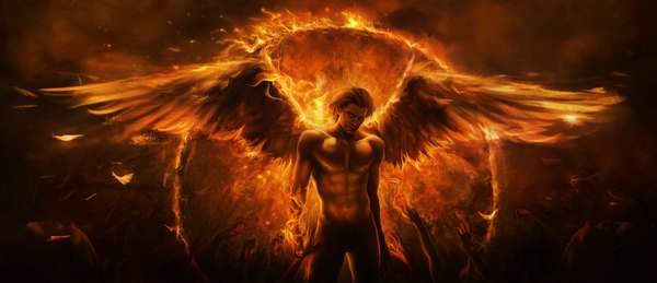 Anime picture 1920x830 with original imaliea (artist) single highres wide image outstretched arm glowing topless angel wings fantasy 3d boy wings feather (feathers) fire hands