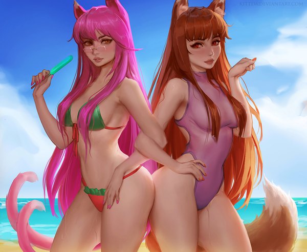 Anime picture 2400x1970 with blazblue spice and wolf horo kokonoe daria leonova long hair looking at viewer blush fringe highres light erotic hair between eyes red eyes standing multiple girls holding animal ears pink hair sky cloud (clouds)