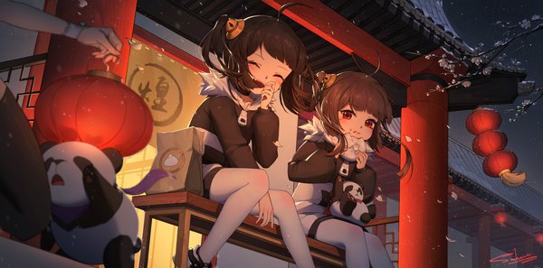Anime picture 5000x2477 with azur lane ping hai (azur lane) ning hai (azur lane) xiaoxiao nanjue buyaokeng looking at viewer blush highres short hair open mouth wide image sitting twintails multiple girls signed absurdres ahoge outdoors eyes closed night fur trim