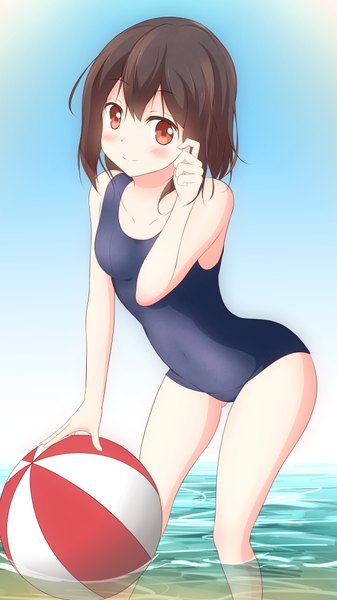 Anime picture 1125x2000 with original numpopo single tall image looking at viewer blush short hair light erotic black hair red eyes girl swimsuit one-piece swimsuit ball school swimsuit beachball