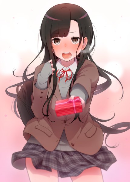 Anime picture 2591x3624 with original keije single long hair tall image looking at viewer blush fringe highres open mouth black hair simple background standing brown eyes embarrassed sleeves past wrists plaid skirt outstretched hand valentine girl