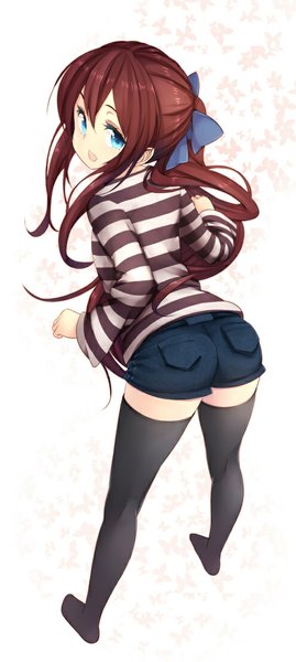 Anime picture 494x1100 with original zizi (zz22) single long hair tall image looking at viewer open mouth blue eyes smile brown hair looking back no shoes zettai ryouiki girl thighhighs bow black thighhighs hair bow shorts short shorts