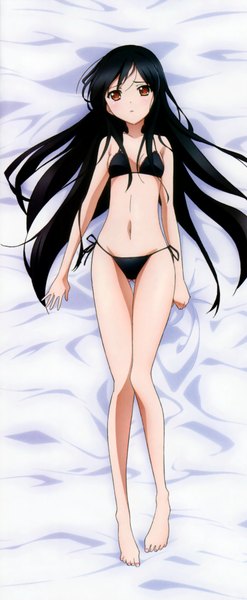 Anime picture 1648x3999 with accel world sunrise (studio) kuroyukihime single long hair tall image looking at viewer blush light erotic black hair lying barefoot from above scan official art on back orange eyes thigh gap hand on chest ass visible through thighs