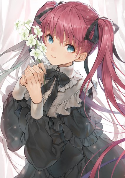 Anime picture 1013x1433 with original hagure keg single long hair tall image looking at viewer fringe blue eyes smile hair between eyes standing twintails holding red hair blunt bangs long sleeves arms up girl dress flower (flowers)