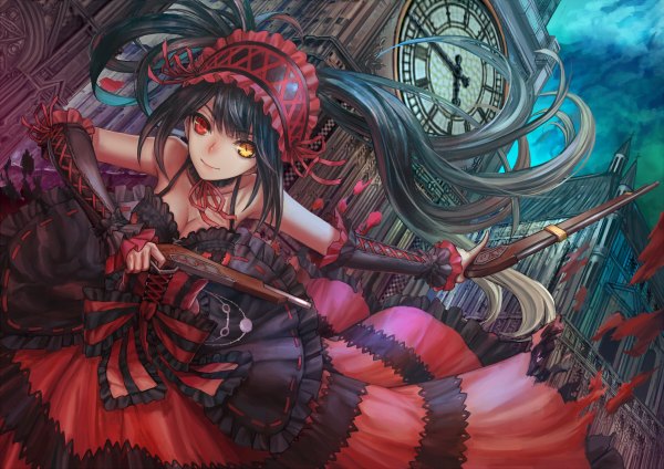 Anime picture 1200x848 with date a live tokisaki kurumi infukun single long hair looking at viewer black hair twintails bare shoulders heterochromia uneven twintails girl dress weapon detached sleeves frills headdress gun clock castle
