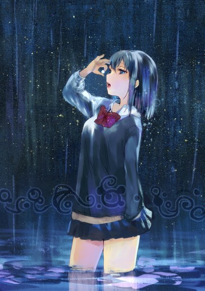 Anime picture 900x1275 with original nove (legge) single tall image short hair open mouth blue eyes blue hair rain girl sweater