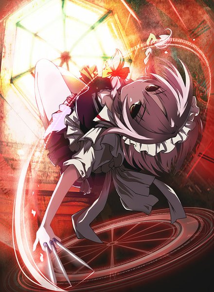 Anime picture 595x811 with touhou izayoi sakuya morogami ryou single tall image looking at viewer fringe short hair breasts holding brown eyes braid (braids) grey hair maid twin braids dual wielding upside down girl uniform bow