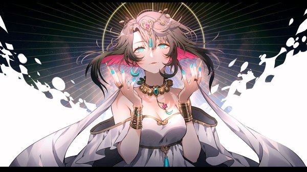 Anime picture 2500x1406 with original hen-tie (hen) single looking at viewer blush fringe highres short hair breasts open mouth hair between eyes brown hair wide image large breasts payot pink hair cleavage upper body nail polish multicolored hair