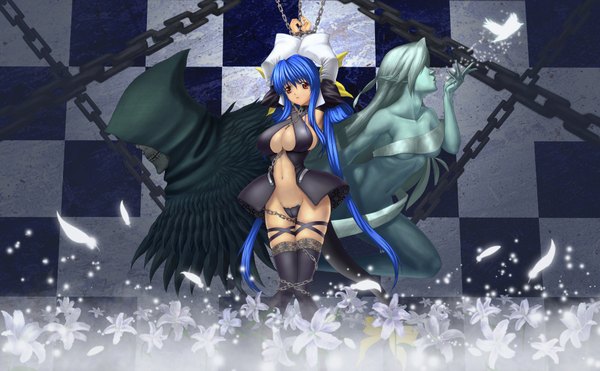 Anime picture 2000x1238 with guilty gear dizzy (guilty gear) undine (guilty gear) necro (guilty gear) highres breasts light erotic red eyes wide image blue hair huge breasts checkered background death girl thighhighs flower (flowers) chain feather (feathers)