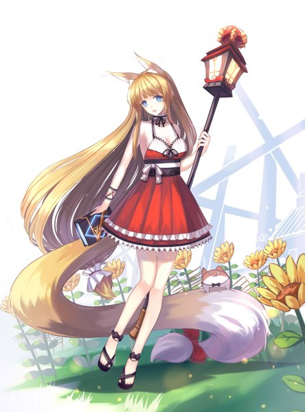 Anime picture 2598x3507 with original cubies (tiger 205) single tall image looking at viewer highres blue eyes blonde hair bare shoulders animal ears tail very long hair animal tail fox ears fox tail fox girl girl dress flower (flowers) book (books)